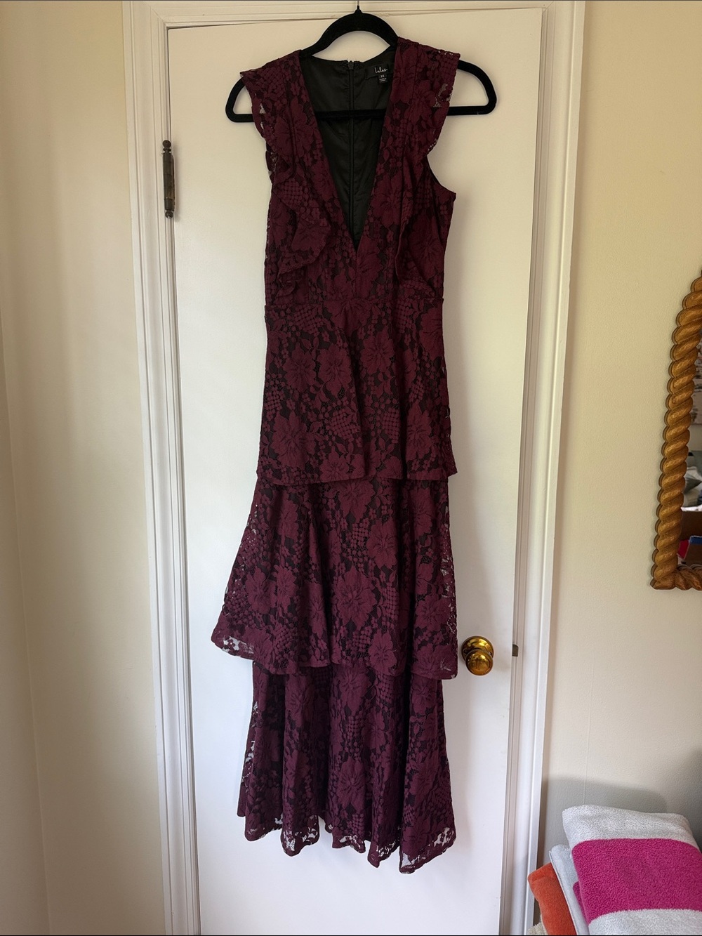 Lulu's Wine Lace Tiered Maxi Dress
